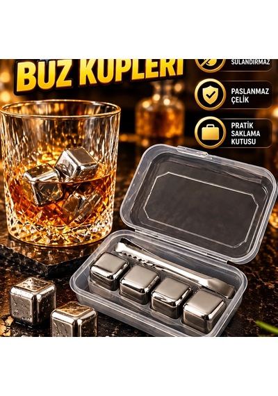 Çelik Buz Küpleri 4'lü Set İçecek Sulandırmayan Soğutucu Taşlar, Maşa Ve Saklama Kutusu Renkli