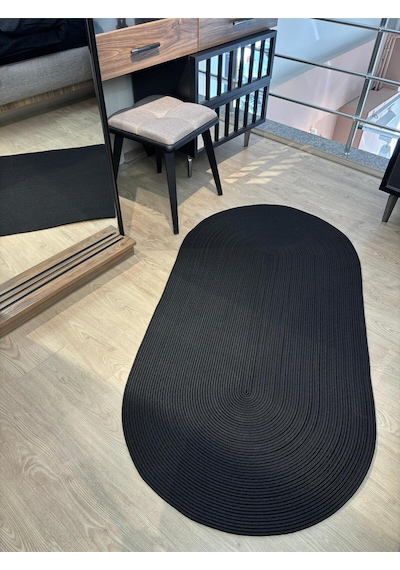 Mavaux Galileo Oval Jüt Yuvarlak Hasır Görünümlü Klasik Halı Kilim Siyah