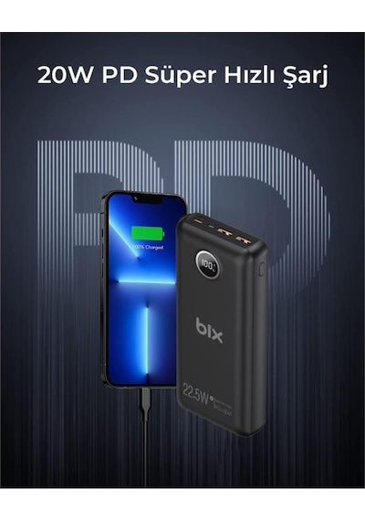 Bix Pb201 Üç Portlu 20000mah 22.5w Hızlı Şarj 4.0 Pd Giriş/çıkışlı Led Göstergeli Powerbank Siyah Siyah