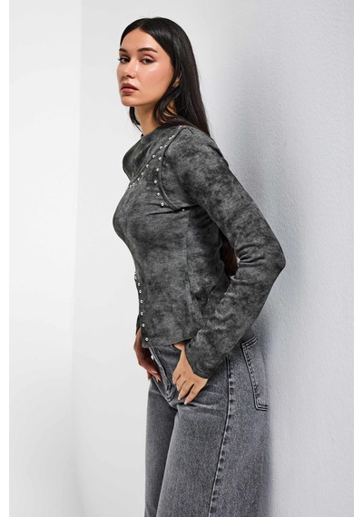 it's basic Kadın Antrasit Gri W5 Asimetrik Kesim Drop Detaylı Özel Tasarım Crop Top