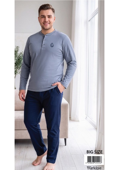 Melodi 45020 Uzun Kol %100 Pamuk Battal Büyük Beden Erkek Pijama Takımı Gri