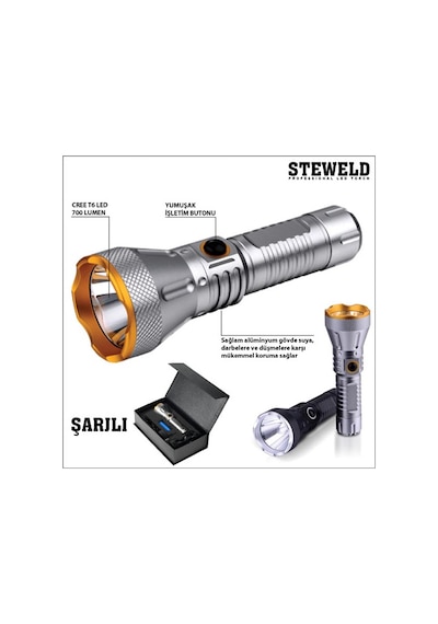 Steweld 608S Pro 700 Lümen Şarjlı Led El Feneri Gri