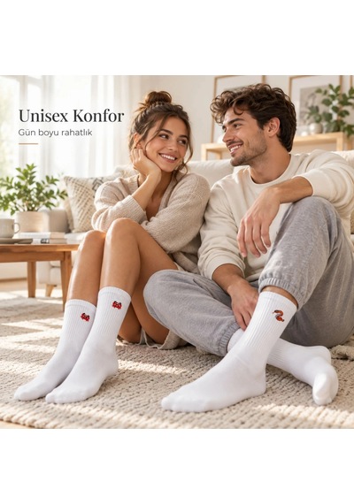 S'82 Unisex Çorap Beyaz Hayvan Nakışlı 3'lü Set Yengeç Yılan Kedi Desenli Uzun Soket Günlük Spor Çorabı