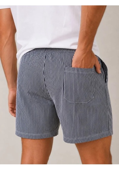 Efnaz Style Erkek Su Yolu Çizgili Şort Ön Arka Cepli Lastikli Bel Regular Fit Yazlık Şort - Siyah