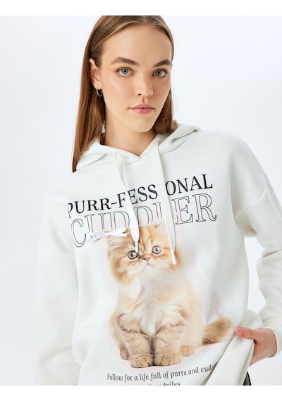 Koton Kapüşonlu Kedi Baskılı Uzun Kollu Rahat Kalıp Sweatshirt Ekru 5sal10480ık Ekru