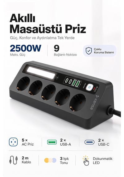 Akım Korumalı Dokunmatik Led Işıklı Priz 5'li + 2x Usb-a + 2x Usb-c 2 Metre Kablo 0 - 2 M