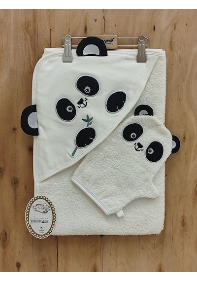 %100 Pamuklu & Başlıklı Bebek Banyo Havlusu - Panda Nakışlı & Keseli Havlu Seti - Yumuşak & Su Emici 0 - 4 Yaş