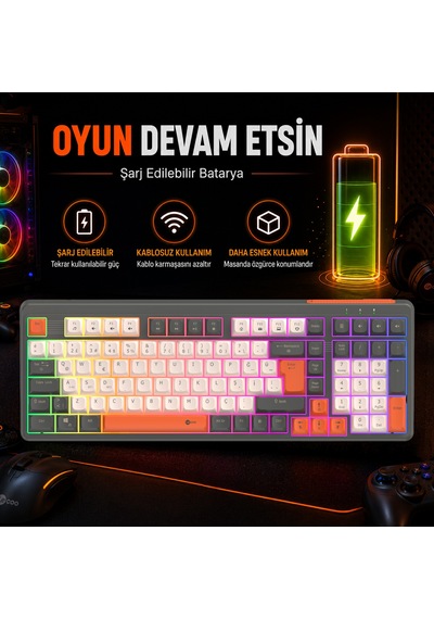 Lecoo GK104 3 Modlu Kablosuz RGB 104 Tuş Membran Türkçe Q Gaming Oyuncu Klavyesi