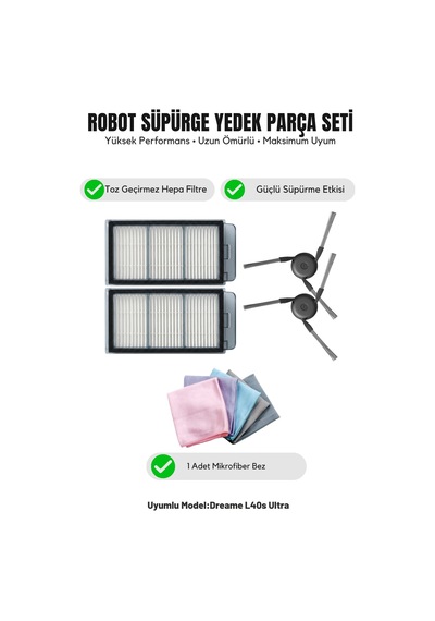 Dreame L40s Ultra İle Uyumlu 2 Yan Fırça 2 Filtre 1 Temizlik Bezi 9.0