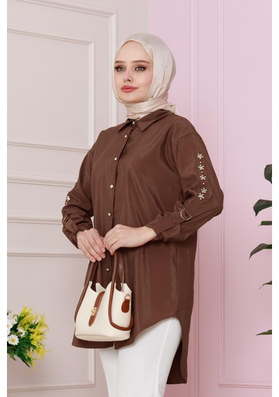 Sevitli Kolu Çakım Detaylı Tunik-kahverengi-4728 Kahverengi