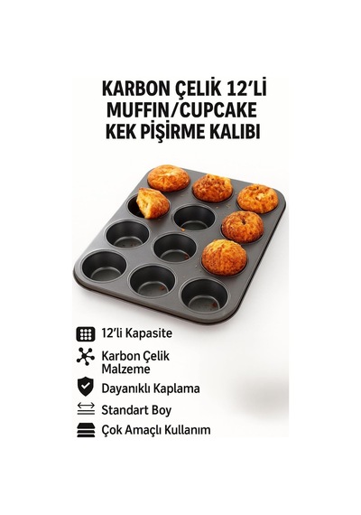 Karbon Çelik 12 Li Muffin Cupcake Kek Pişirme Kalıbı Cin800sy Çok Renkli