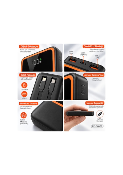 10000 Mah 22.5w Hızlı Şarj Powerbank Dahili Type-c Ve Lightning Kablolu Dijital Göstergeli- Re-ck009 Diğer