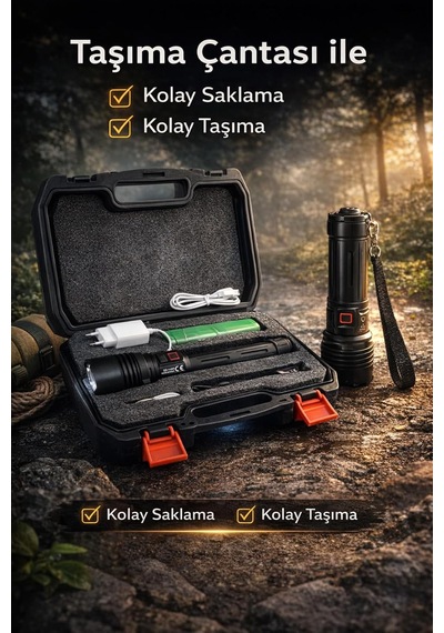 Tr 80w 8000 Lümen Zoomlu Şarjlı El Feneri, 18000 Mah Powerbank, Siyah
