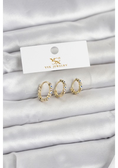 Pirinç Gold Renk Nazarlı Model 3'lü Kadın Küpe Altın