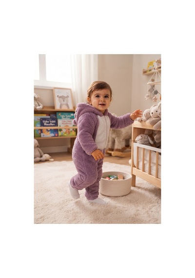 Chicsy Baby Tatlı Kız Bebek Welsoft Tulum Kuş Civciv Nakışlı Kulaklı Kapüşonlu Fermuarlı Peluş Kışlık Bebek Tulumu Mor
