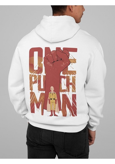 Sevbano Saitama One Punch Man Baskılı Unisex Oversize Anime Hoodie Beyaz
