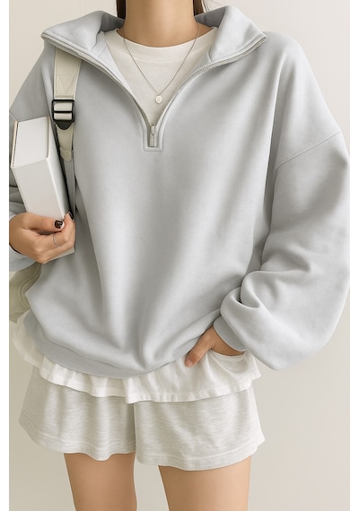 Ghassy Co. Kadın Pamuklu Oversize Silver Yarım Fermuarlı Sweatshirt GRİ MELANJ