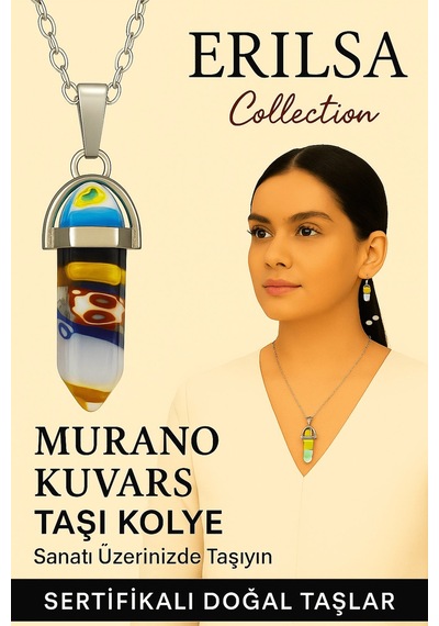 Sertifikalı Çivi Model Murano Kuvars Taşı Kolye Canlı Renkli Sanat Desenli Çok Renkli