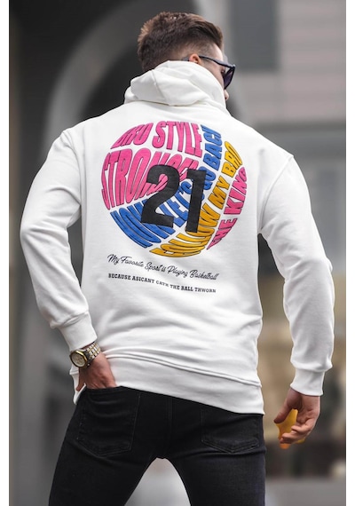 Madmext Ekru Kabartma Baskılı Kapüşonlu Sweatshirt 6042 Ekru