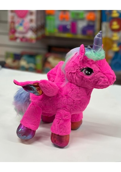 Oyuncak Peluş Kanatlı Unicorn Tek Boynuzlu At Fuşya Koyu Pembe 30 Cm Pembe