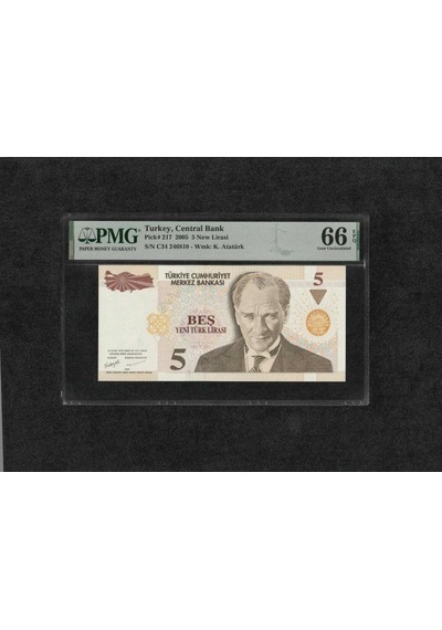 Yeni Türk Lirası Pmg 66 Epq Gem Unc Çil 5 Lira P 217 2005 S/n C34 8. Emisyon 1. Tertip