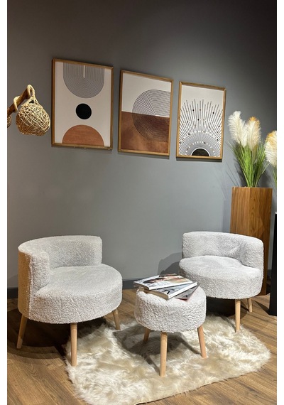 Elegant Comfort Kül Gri Çay Seti Ve Peluş Ikili Berjer & Puf Takımı - 3'lü Set