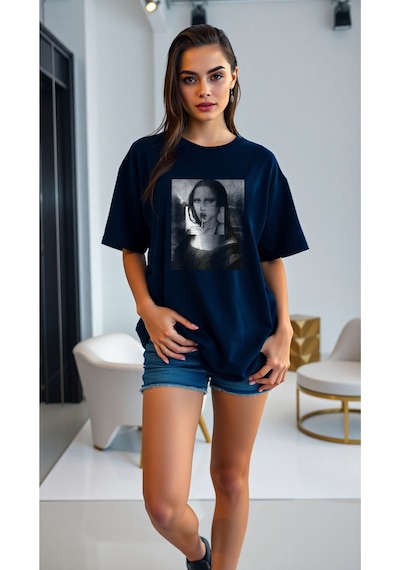 Uyguntarz Mona Lisa Baskılı Tasarım Tshirt Lacivert