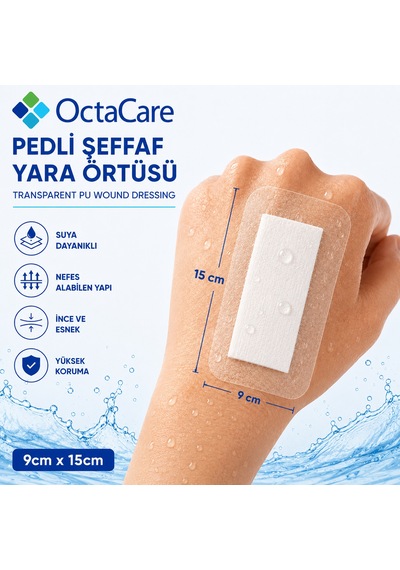 Octacare Su Geçirmez Pedli Şeffaf Pu Film Steril Yara Örtüsü 9cm 15cm 50 Adet