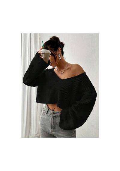 Nimas Kadın Oversize V Yaka Triko Crop Kazak Siyah - 660238521 Siyah