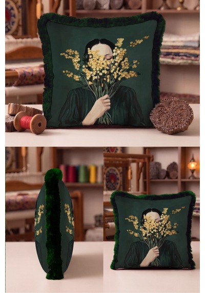 Kadın Çiçek Figürlü Saçaklı Yastık Kılıfı - Sanatsal Floral Modern Sarı Gri Püsküllü Kırlent Kılıfı Uzak Sahil Aura Kadın Çiçek Figürlü Saçaklı Yastık Kılıfı - Sanatsal Floral Modern Sarı Gri Püsküllü Kırlent Kılıfı Uzak Sahil Aura
