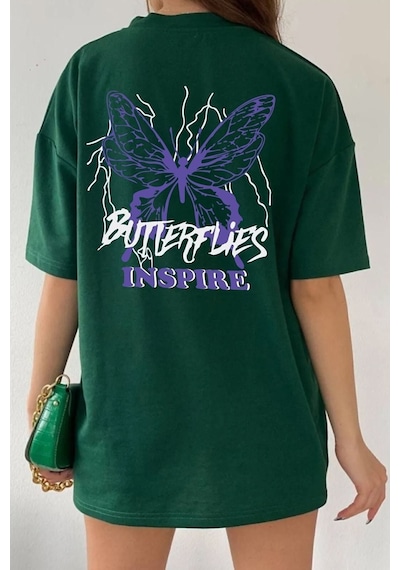 Uyguntarz Unisex Butterfly & Letter Graphic Tasarım T-shirt Yeşil