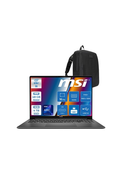 MSI Modern 16S AI+ G3MG G3MG-049TRF20 Ultra 7 355 48 GB 4 TB SSD16" Free Dos Dizüstü Bilgisayar +Çanta