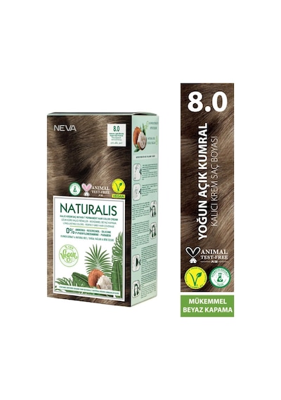 Nevacolor Naturalis Vegan Amonyaksız Yoğun Açık Kumral 8.0 Kalıcı Krem Saç Boyası Seti