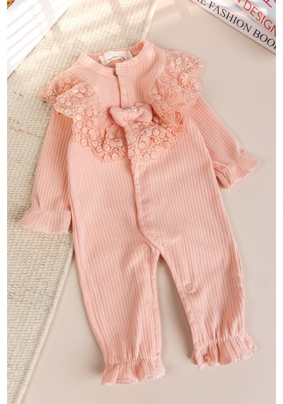 Babymod Güpürlü Fiyonklu 100% Pamuk Kız Bebek Tulum Somon