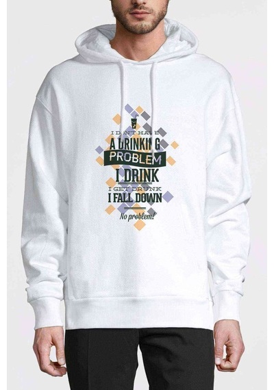 Drinking Problem Baskılı Beyaz Erkek Örme Kapşonlu Sweatshirt