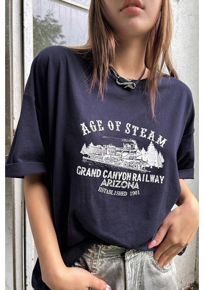 Unisex Age Of Steam Baskılı Tasarım Tshirt Lacivert