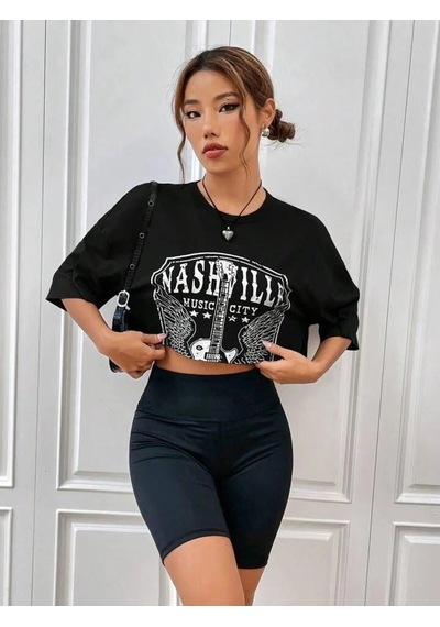 Bigümex Kadın Gitar Baskılı Oversize Crop T-shirt Siyah