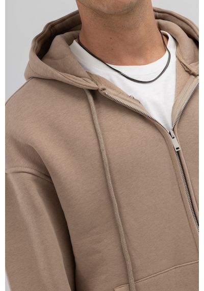 Vamos Basic Fermuarlı Oversize Kapüşonlu Sweatshirt Vizon