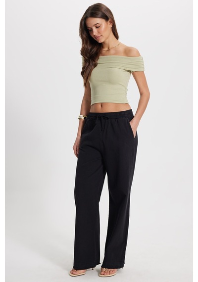 Tudors Kadın Relax Fit Rahat Kesim %100 Pamuk Beli Bağcıklı Lastikli Çift Cepli Siyah Pantolon-50600