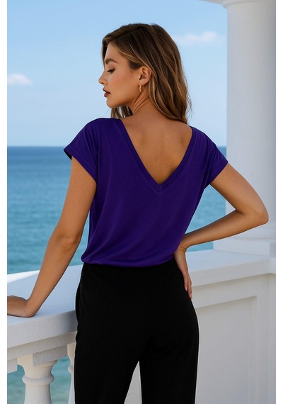 Kadın Mor Viskon Ön Arka V Yakalı T-shirt Yarasa Kol Relaxed Bluz Çok Renkli