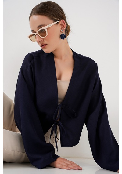 Bigdart Önü Bağlamalı Keten Kimono 960 - Lacivert
