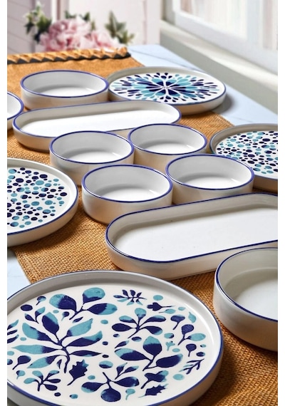 Kitchen Life 14 Parça 6 Kişilik Stackable Blue Etnik Kahvaltı Takımı - Lüx Kahvaltılık Sunum Seti Tabağı Mavi Lacivert Turkuaz