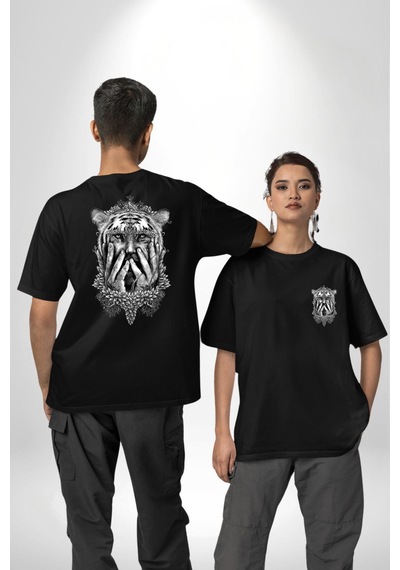 Yarım İnsan Yarım Leopar Mutant Leopar Kral Siyah Oversize Unisex Ön Ve Sırt Baskılı Tişört Siyah