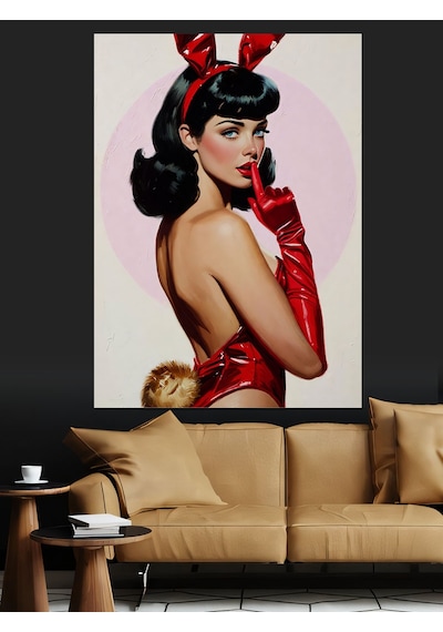 Ahşap Tablo Kırmızı Elbiseli Seksi Pin Up Kızı