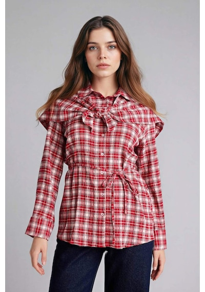Defacto Regular Fit Kareli Gofre Dokulu Uzun Kollu Tunik G8348ax26sprd117 Kırmızı-rd117
