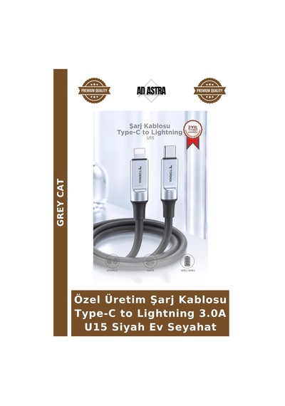 Özel Üretim Şarj Kablosu Type-c To Lightning 3.0a U15 Siyah Ev Seyahat
