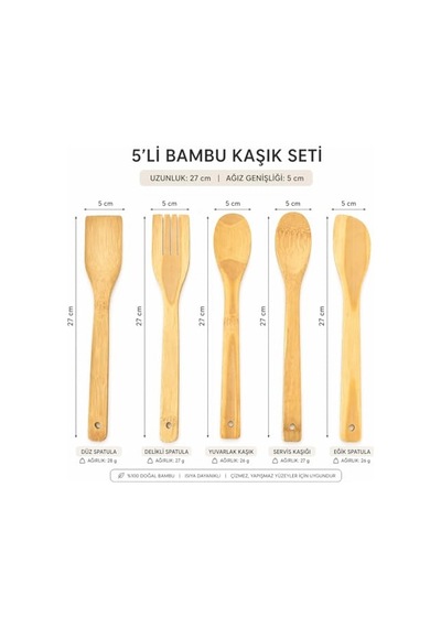 5 Parça Bambu Mutfak Kaşık Seti %100 Doğal, Çizilmeye Karşı Korumalı, Isıya Dayanıklı, Hafif, Ergonomik, T