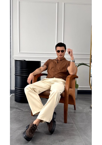 Modefendi Slim Fit Polo Yaka Triko Pamuk Kısa Kollu Gömlek Kahverengi