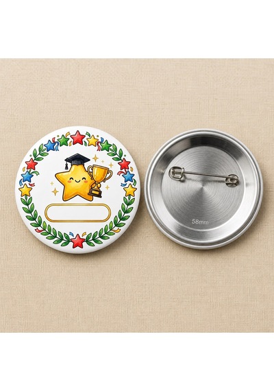 Fikart Başarı Yıldızı - Kupa Temalı - Okul Ve Öğrenci Temalı 58mm İğneli Metal Buton Rozet Çok Renkli
