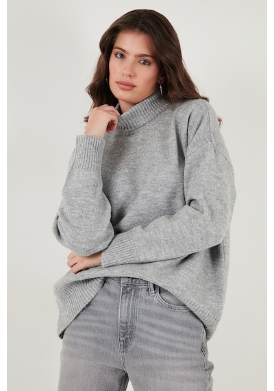 Lela Premium Oversize Fit Balıkçı Yaka Yumuşak Dokulu Triko Bayan Kazak 680Kz00469 Açık Gri